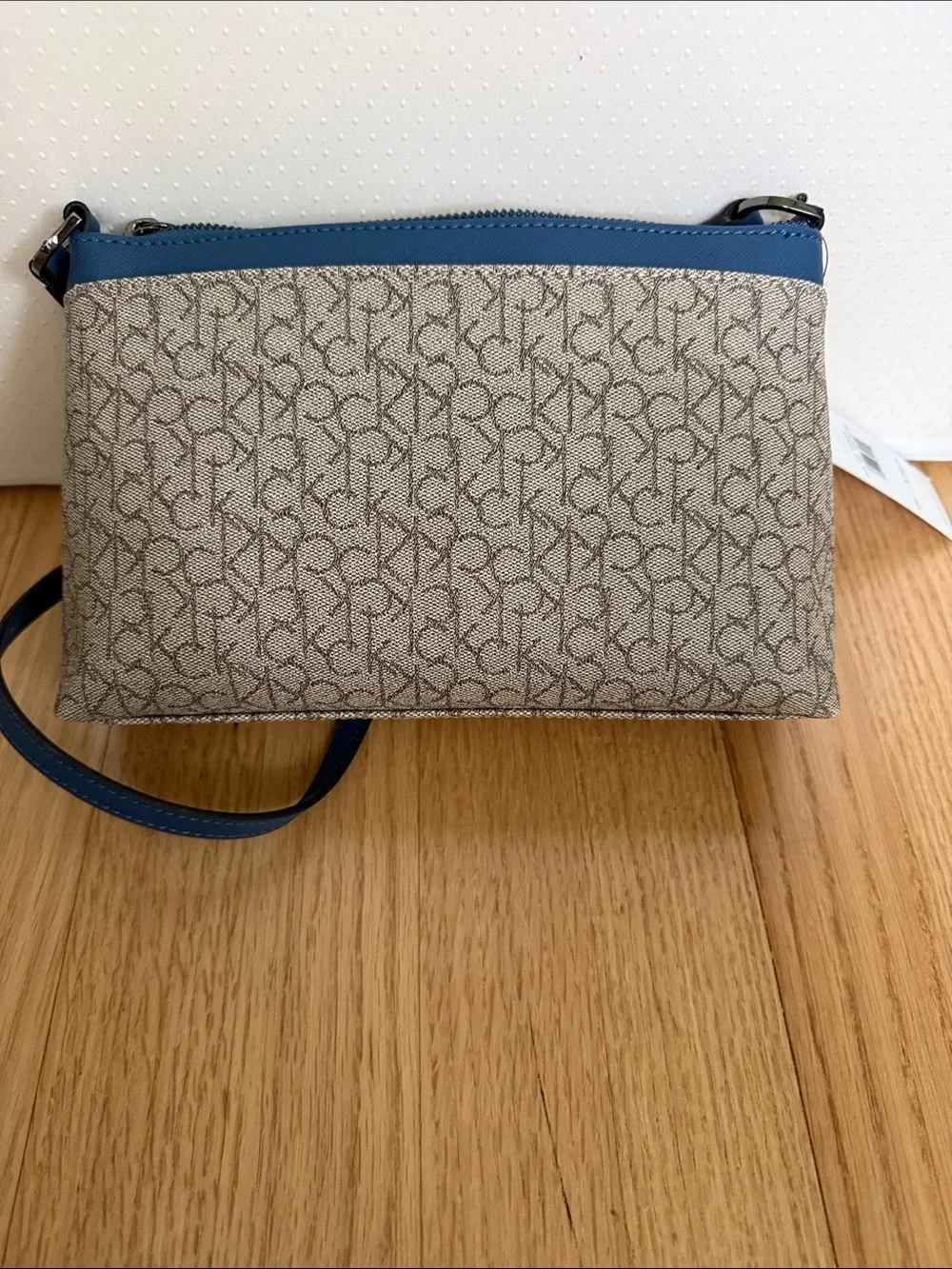 Calvin Klein Beige Monogram Crossbody with Blue Trim